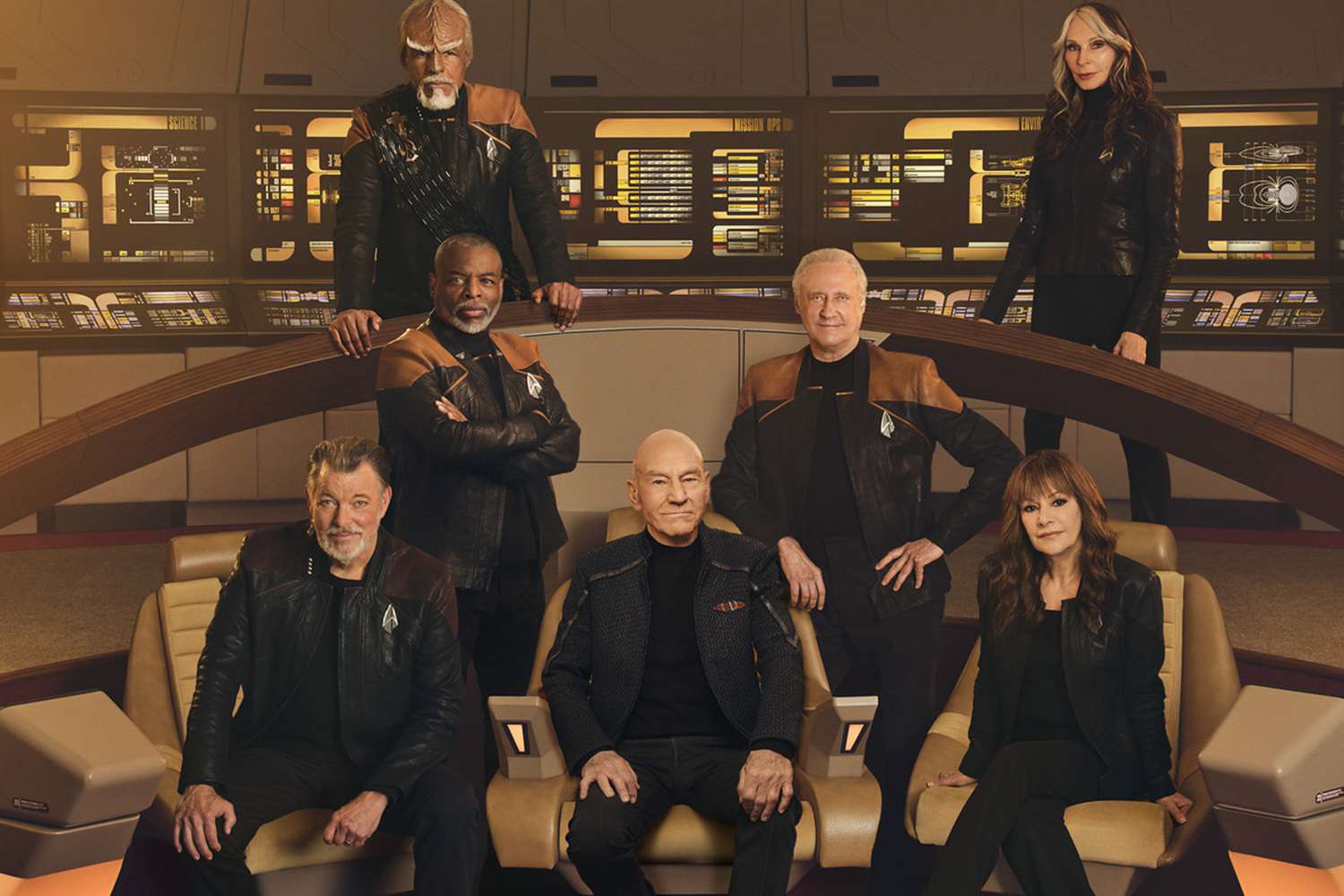 The Star Trek: The Next Generation cast on the bridge of the USS Enterprise-D in Star Trek: Picard season 3.